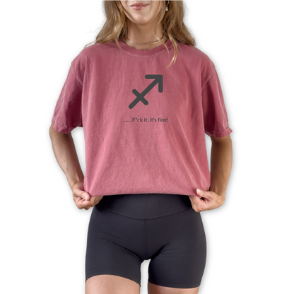 Funny Sagittarius zodiac horoscope shirt featuring “F*ck It, It’s Fine!” Unique astrology gift for Sagittarius birthdays and fire sign horoscope fans.