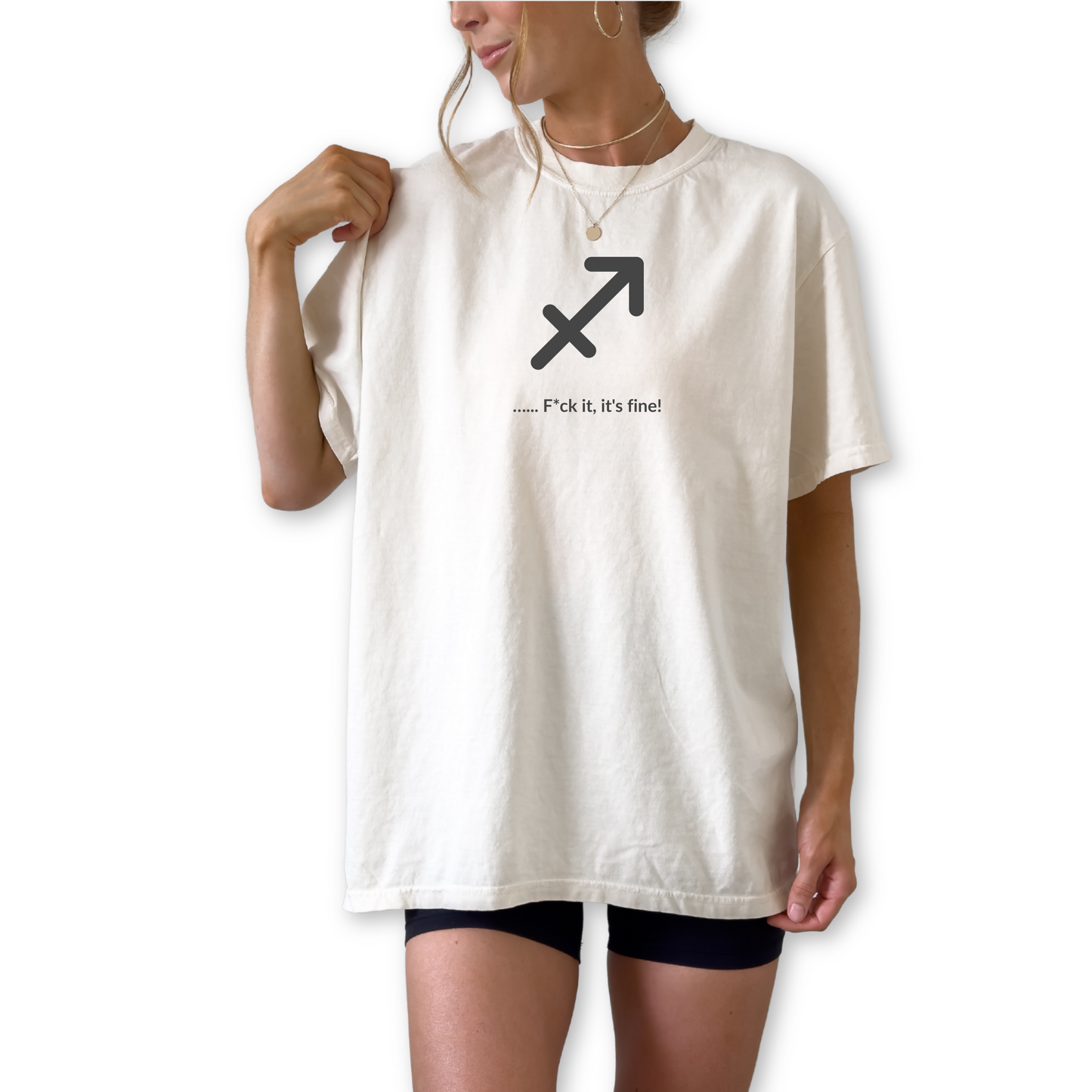Sagittarius zodiac horoscope t-shirt featuring “F*ck It, It’s Fine!” Funny astrology shirt for November and December birthdays. Fire sign graphic tee for adventurous horoscope lovers.