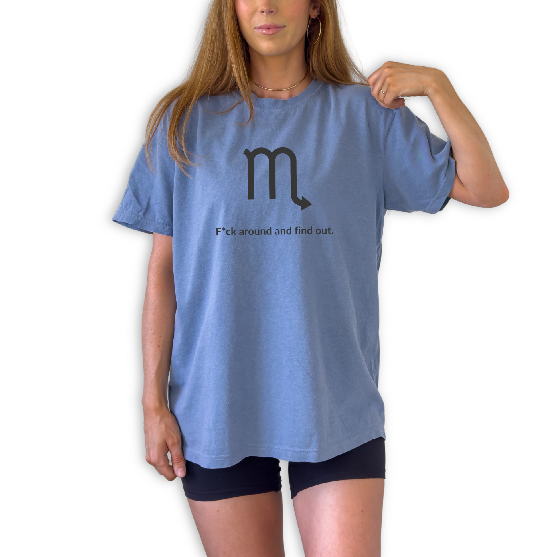 Funny Scorpio zodiac horoscope shirt featuring “F*ck Around and Find Out.” Unique astrology gift for Scorpio birthdays and water sign horoscope fans.