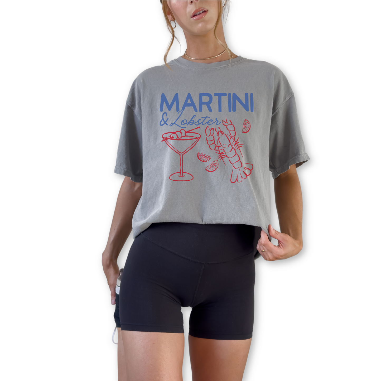 Unisex retro martini and lobster graphic t-shirt with nautical coastal aesthetic, vintage seafood cocktail design summer beach outfit inspiration