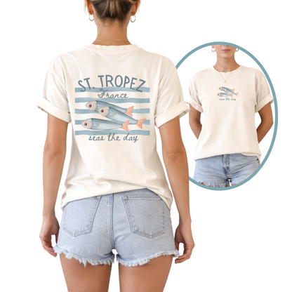 Seas the Day St Tropez France retro unisex t-shirt featuring sardine coastal graphic design. Vintage French Riviera beach shirt with Seas the Day slogan and seaside artwork.