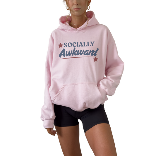Funny Socially Awkward graphic printed on unisex pullover sweatshirt. Cozy unisex hoodie with Socially Awkward statement for introverts and humor lovers.