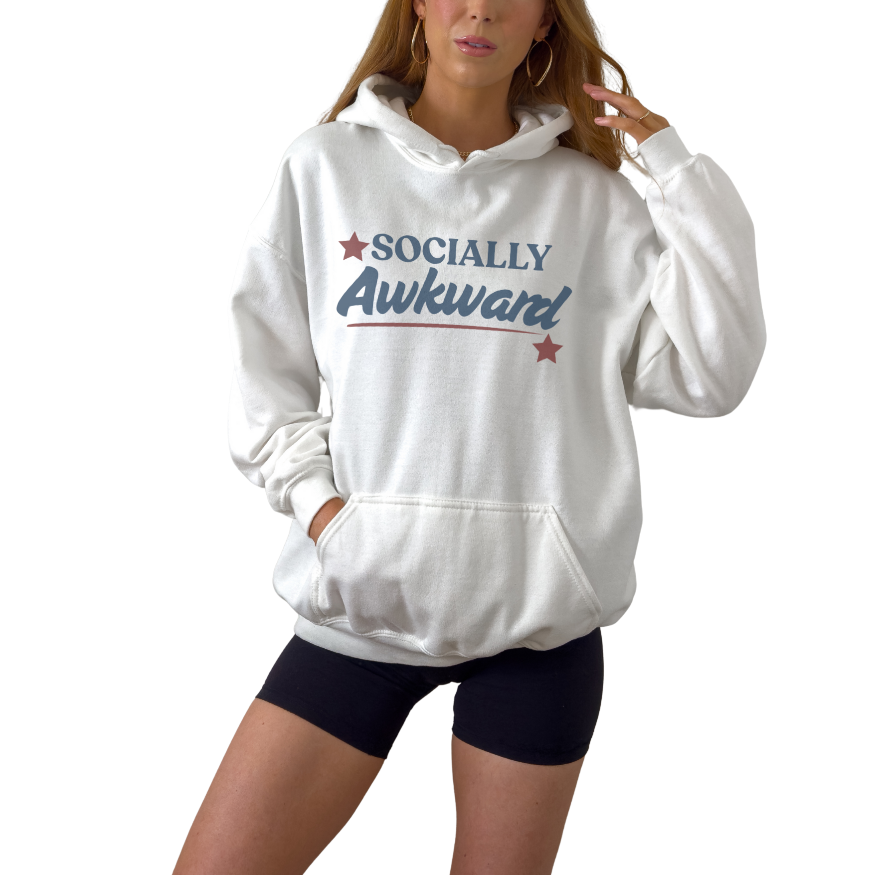 Socially Awkward unisex hoodie featuring bold minimalist humor statement design. Funny Socially Awkward graphic printed on unisex pullover sweatshirt.