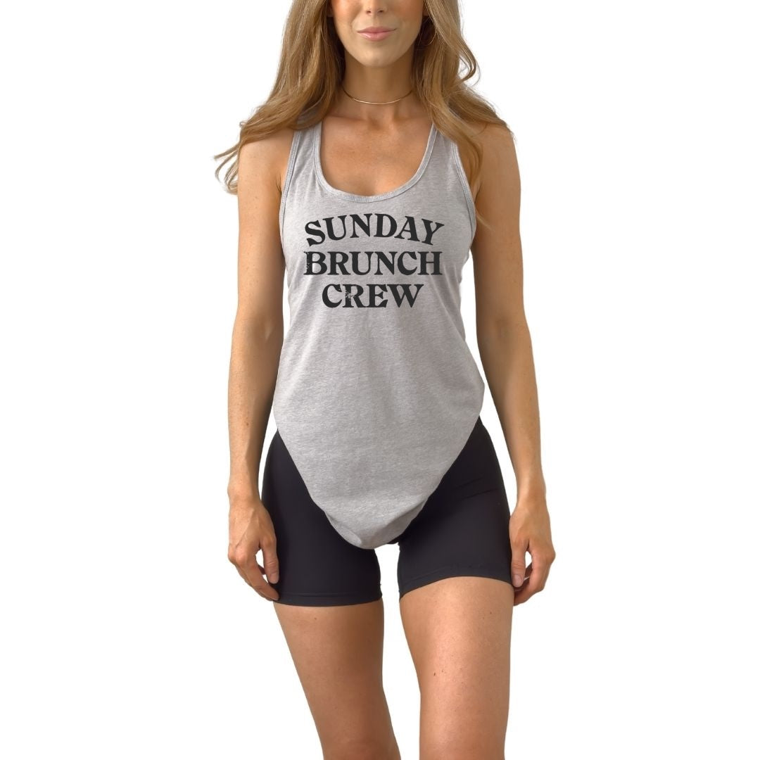 Sunday Brunch Crew women’s racerback tank top designed for girls trips, birthday brunch outfits, and matching friend group summer style.