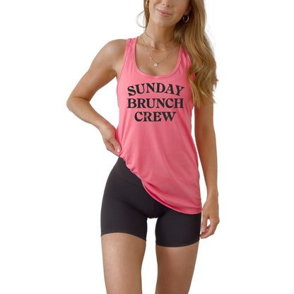 Sunday Brunch Crew women’s racerback tank top designed for girls trips, birthday brunch outfits, and matching friend group summer style.