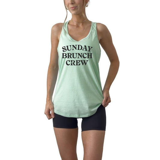 Women’s brunch graphic tank reading Sunday Brunch Crew, perfect for bachelorette parties, weekend getaways, and vacation group outfits.