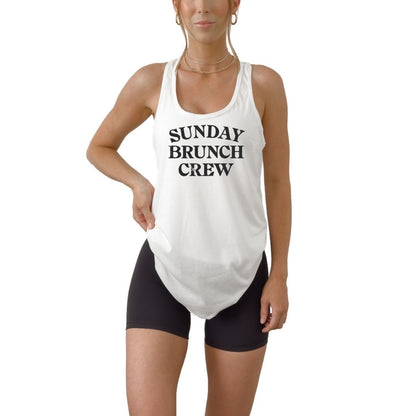 Sunday Brunch Crew printed on lightweight women’s racerback tank for mimosa brunch dates and casual summer outfits.