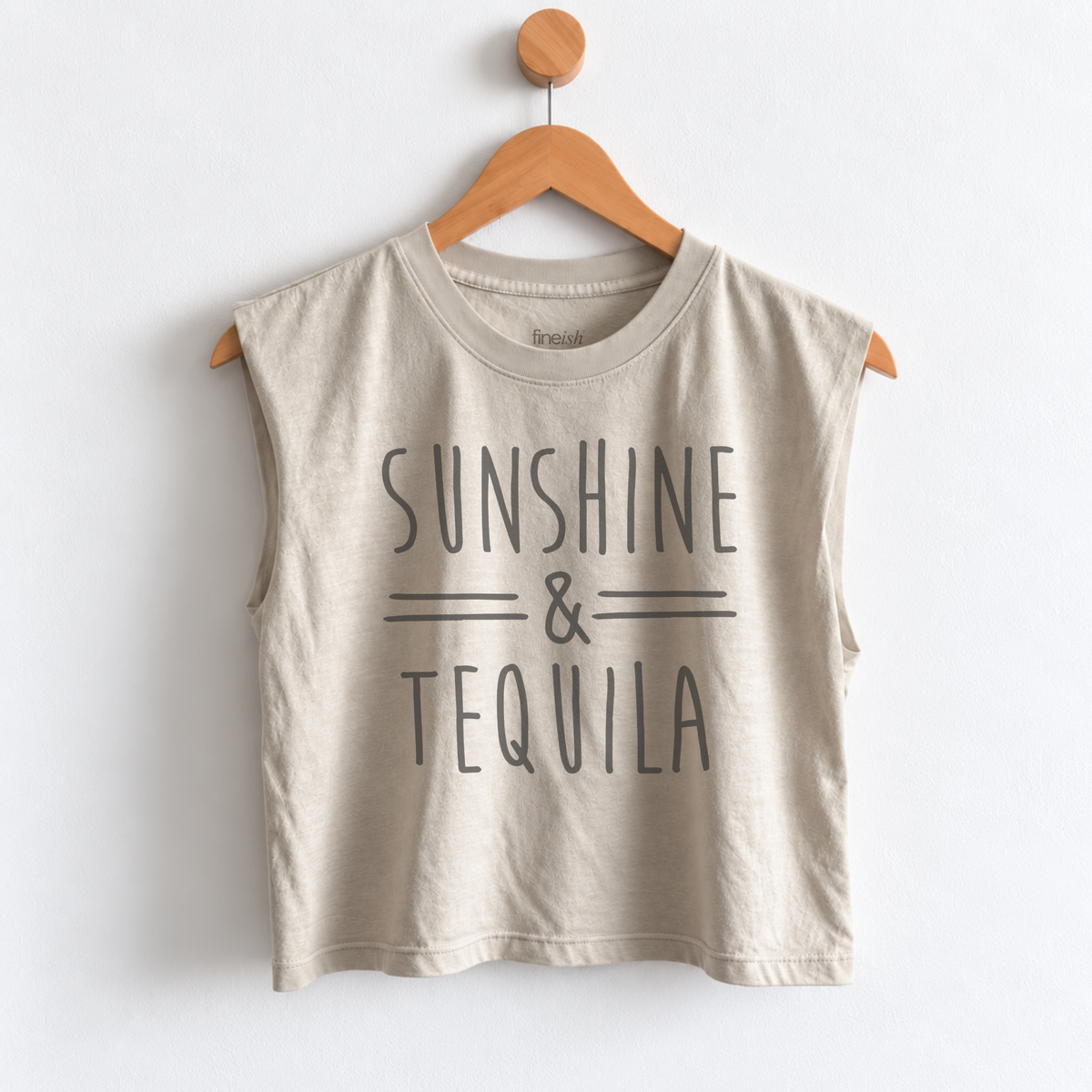 Women’s Sunshine & Tequila muscle tank featuring a fun tequila lover graphic, perfect for beach vacations, margarita nights, girls trips, happy hour, and sunny days. Fineish