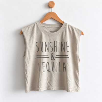 Women’s Sunshine & Tequila muscle tank featuring a fun tequila lover graphic, perfect for beach vacations, margarita nights, girls trips, happy hour, and sunny days. Fineish