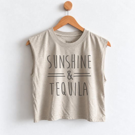 Women’s Sunshine & Tequila muscle tank featuring a fun tequila lover graphic, perfect for beach vacations, margarita nights, girls trips, happy hour, and sunny days. Fineish