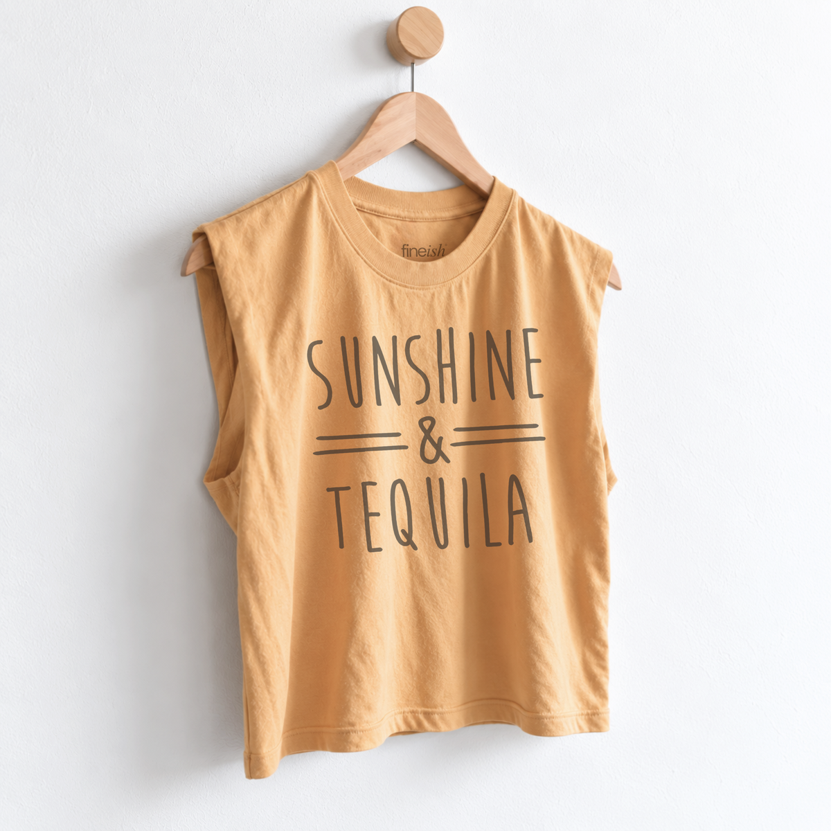 Women’s Sunshine & Tequila muscle tank featuring a fun tequila lover graphic, perfect for beach vacations, margarita nights, girls trips, happy hour, and sunny days. Fineish