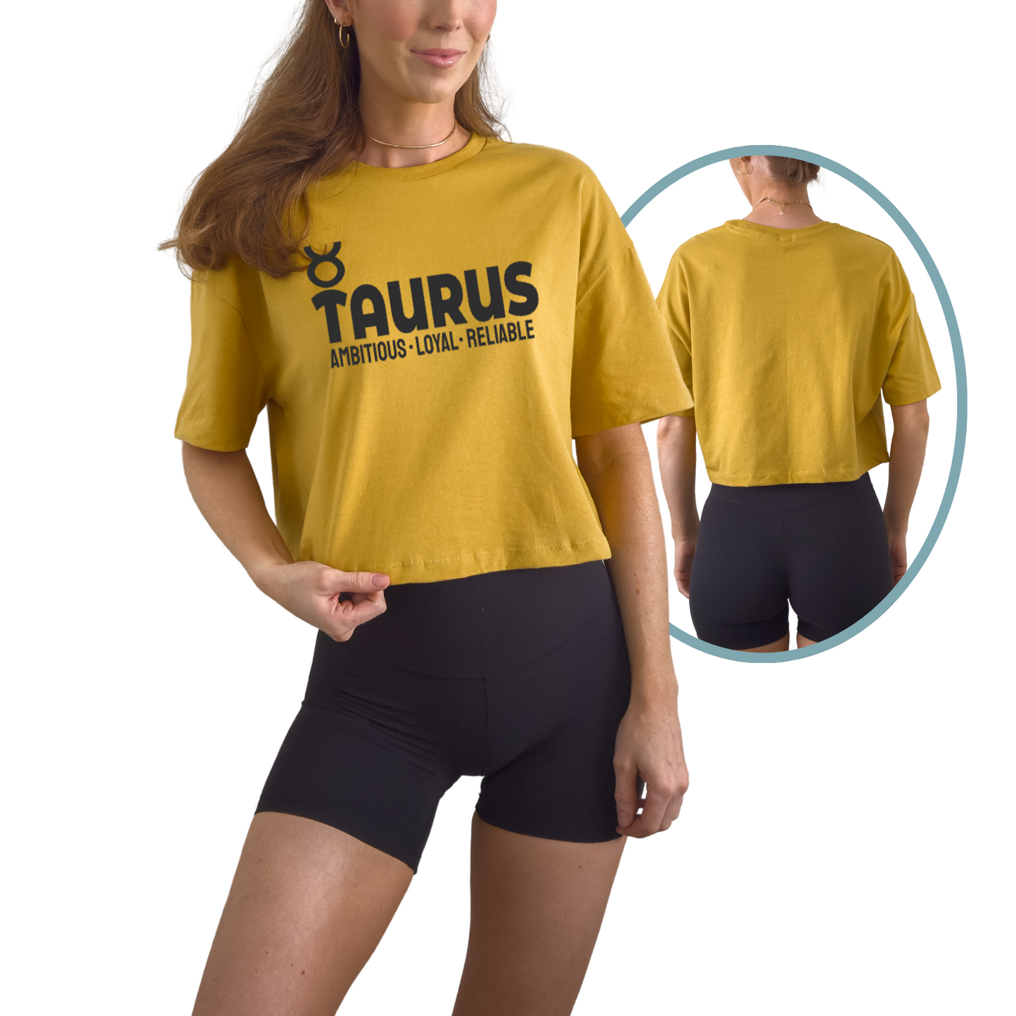 Taurus zodiac horoscope t-shirt featuring “Ambitious. Loyal. Reliable.” Astrology graphic tee for April and May earth sign birthdays.