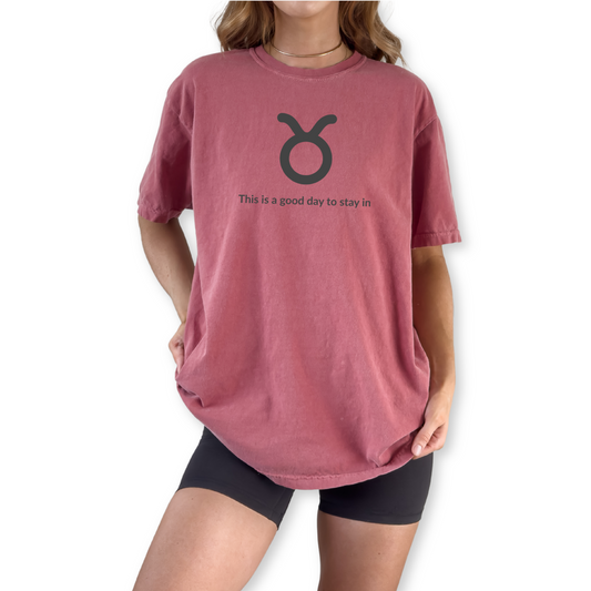 Taurus zodiac horoscope t-shirt featuring “This Is a Good Day to Stay In.” Cozy astrology shirt for April and May birthdays. Earth sign graphic tee for comfort-loving horoscope fans.