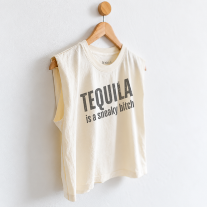 Women’s Tequila Is a Sneaky B*tch muscle tank featuring a funny tequila saying, perfect for margarita nights, girls trips, happy hour, and girls night.