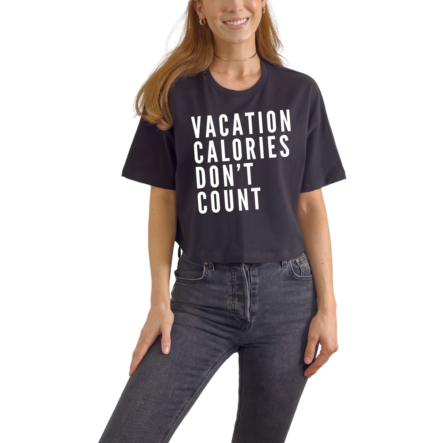 Cropped graphic t-shirt reading Vacation Calories Don’t Count for cruise outfits and summer travel.
