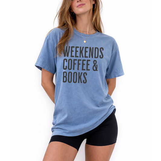 Unisex retro Weekends Coffee and Books graphic t-shirt styled for cozy reader aesthetic outfit and casual café fashion