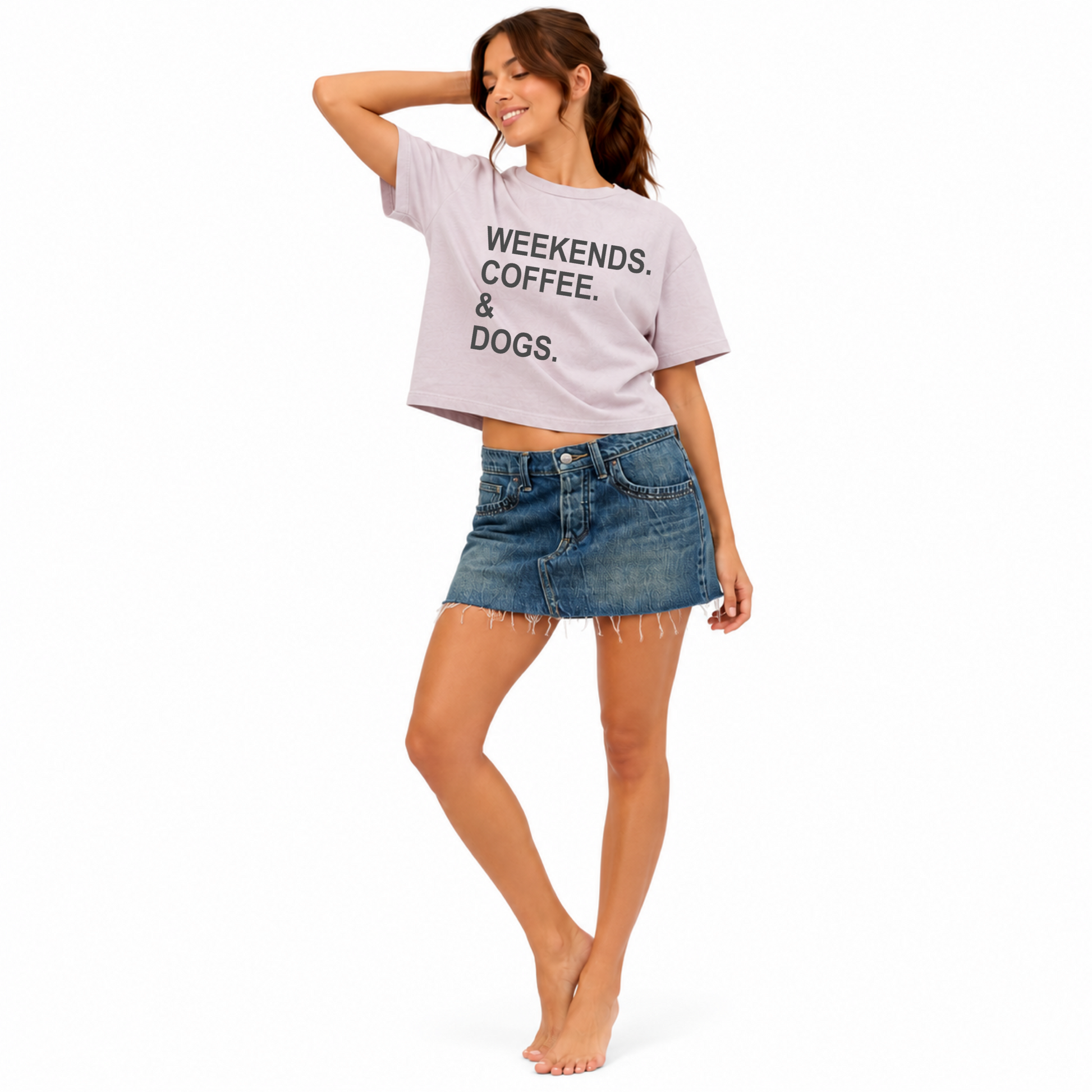 Lifestyle image of the Weekends, Coffee & Dogs women's washed graphic t-shirt, a vintage-inspired mid-length tee that's perfect for weekend outings, coffee dates, dog walks, and casual everyday wear.