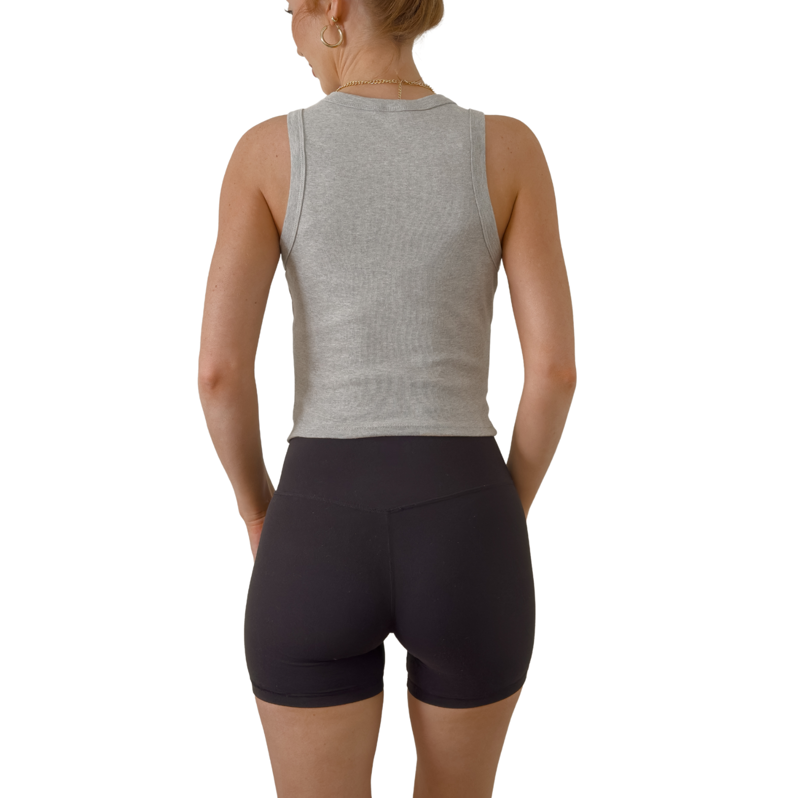 Women’s cropped graphic muscle tank with bold sarcastic humor statement.