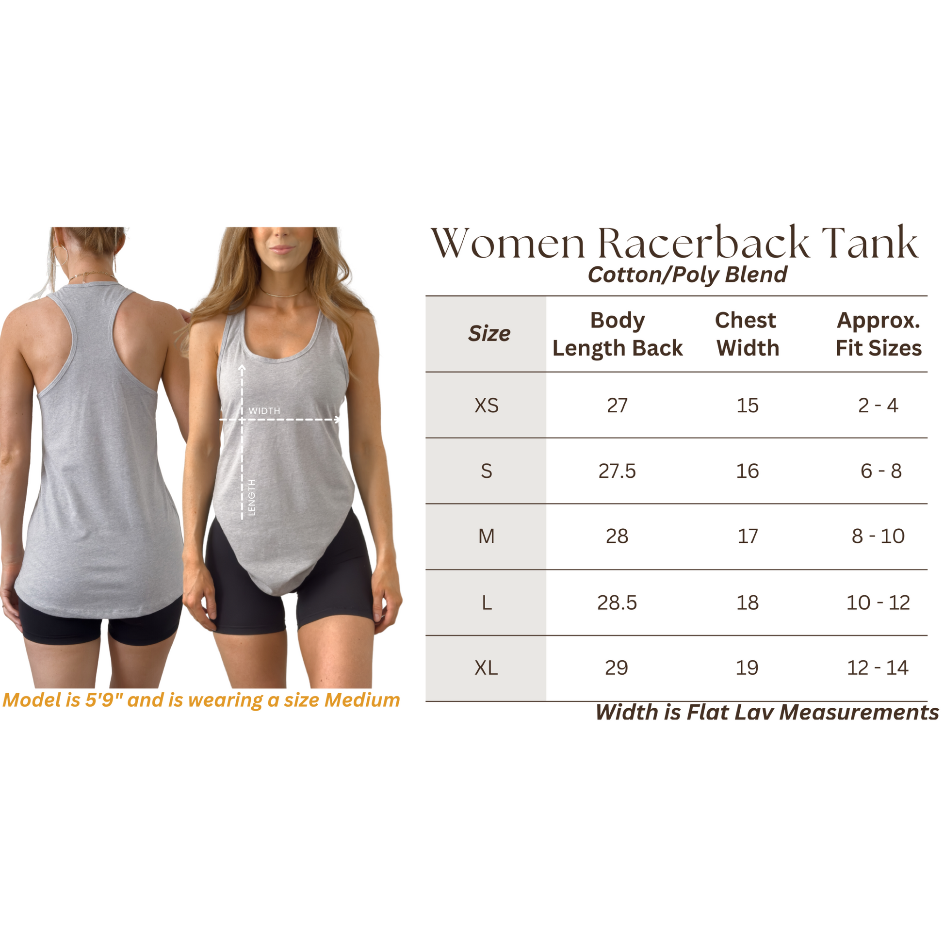 Women’s lightweight racerback tank size guide showing fitted silhouette, seamless design, and measurement chart for best-selling graphic tank top.
