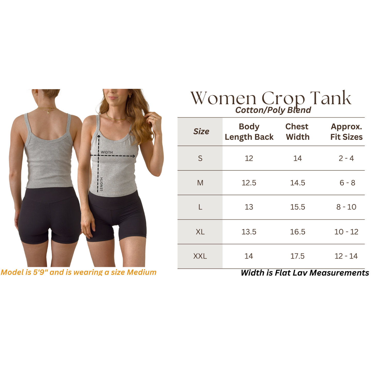 Women’s ribbed crop tank size guide showing measurements for spaghetti strap, cropped at waist fitted tank top. Size chart for women’s ribbed crop tank featuring spaghetti straps and cropped waist length for accurate fit reference.