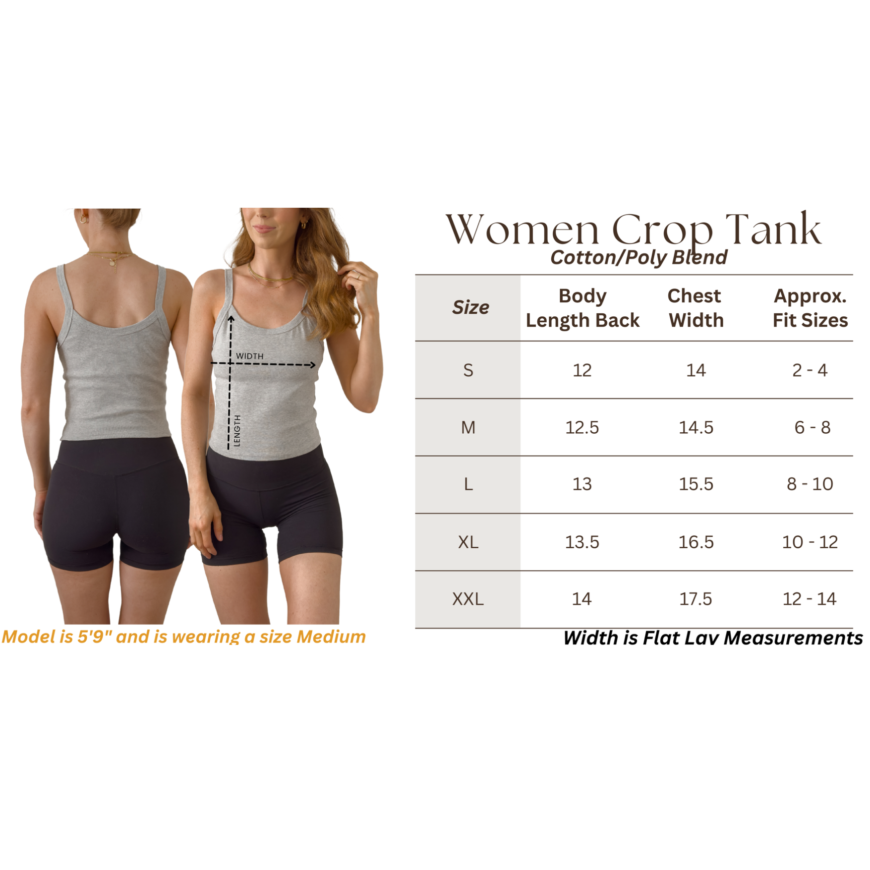 Women’s ribbed crop tank size guide showing measurements for spaghetti strap, cropped at waist fitted tank top. Size chart for women’s ribbed crop tank featuring spaghetti straps and cropped waist length for accurate fit reference.
