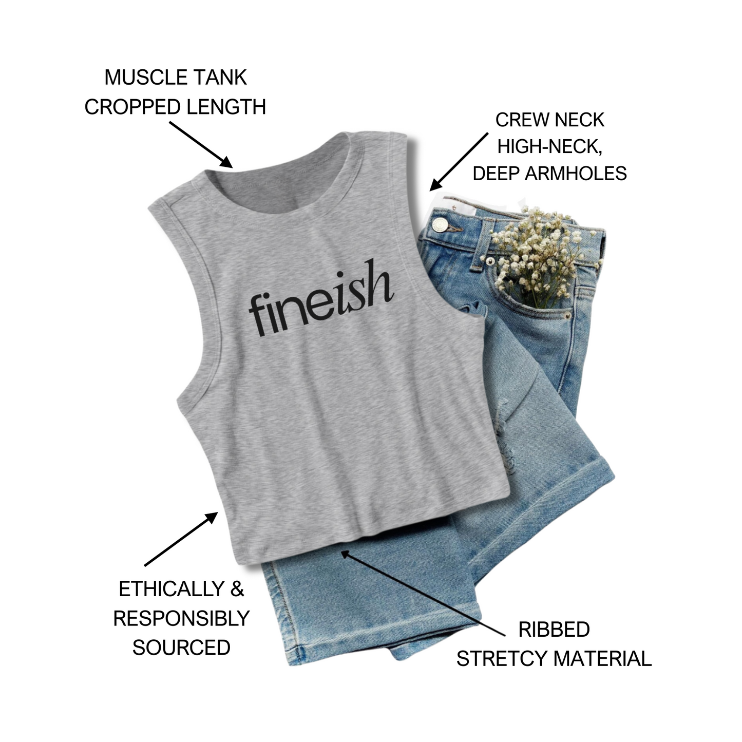 Women’s ribbed muscle tank cropped length featuring sleeveless design and modern silhouette. Women’s sleeveless ribbed muscle tank with cropped length shown in product details image.