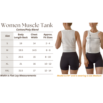Women’s cropped ribbed muscle tank sizing guide with sleeveless cut and measurement details. Size chart for women’s ribbed cropped muscle tank with sleeveless design and fit reference.