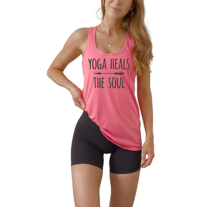 Women’s racerback tank top featuring “Yoga Heals the Soul” design, lightweight and breathable yoga shirt ideal for workouts, meditation, pilates, and daily fitness, soft activewear promoting mindfulness, balance, and wellness, flattering athletic fit perfect for studio or casual wear hot pink tank top